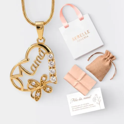 Cadena Y Dije Mamá Corazón Mariposa Baño Oro 18k Mujer